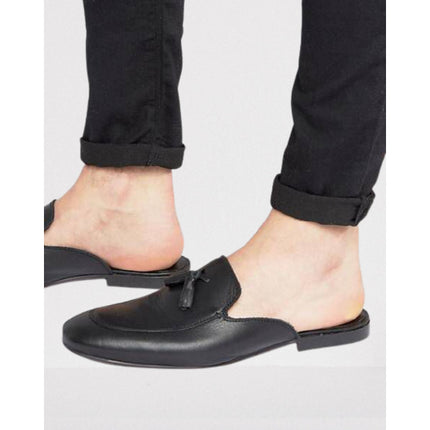 Handmade Men Black Leather Mules With Tassels, Black Slip on Shoes