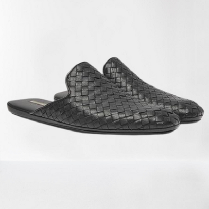 Handmade Men Black Leather Woven Chittai Mat Mules, Moccasin Shoes