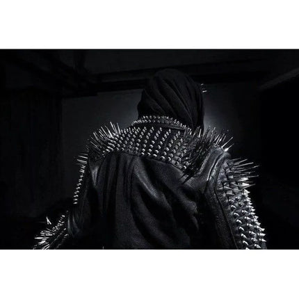 Men Black Multi Studded With Long Spike Rocker Punk Style Biker Jacket