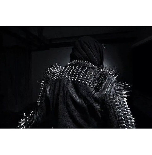 Men Black Multi Studded With Long Spike Rocker Punk Style Biker Jacket