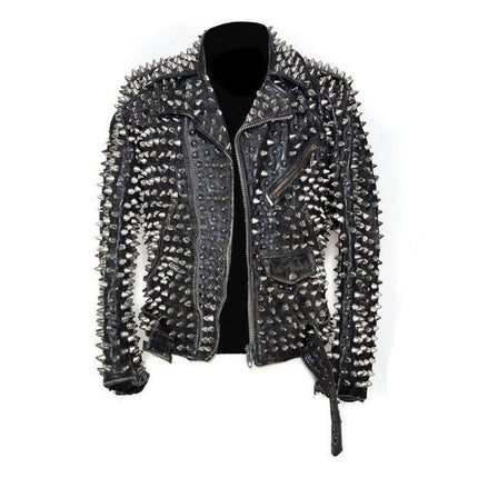 Men Silver Studded Custom Patches Long Spike Brando Belted Rocker Jacket