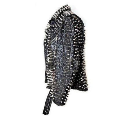 Men Silver Studded Custom Patches Long Spike Brando Belted Rocker Jacket