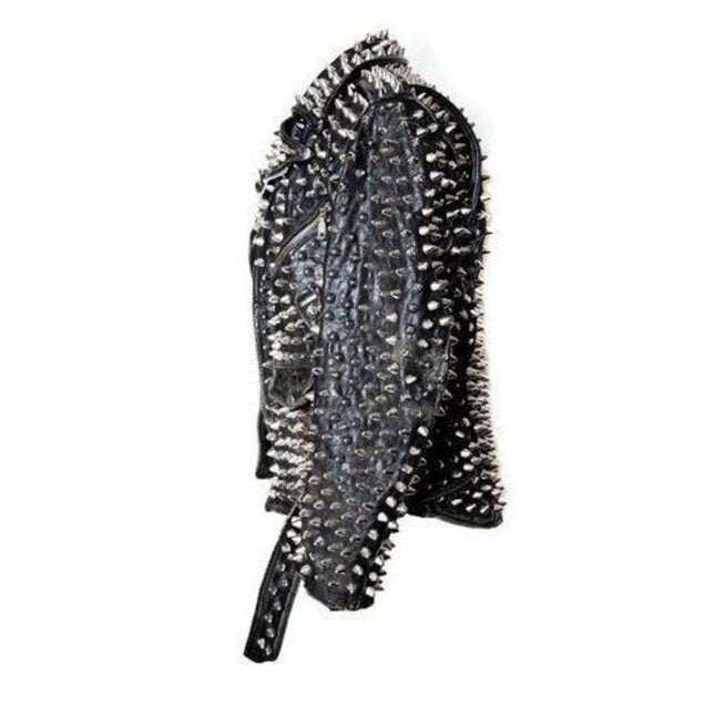Men Silver Studded Custom Patches Long Spike Brando Belted Rocker Jacket