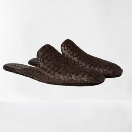Handmade Men Brown Leather Woven Chittai Mat Mules, Moccasin Shoes