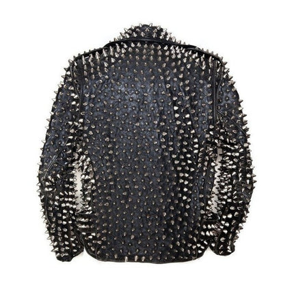Men Silver Studded Custom Patches Long Spike Brando Belted Rocker Jacket