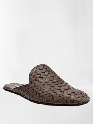 Handmade Men Brown Leather Woven Chittai Mat Mules, Moccasin Shoes