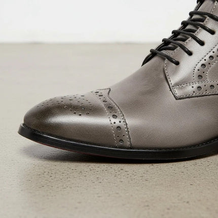 Handmade Men Gray Leather High Ankle Brogue Boots, Lace up Office Boots