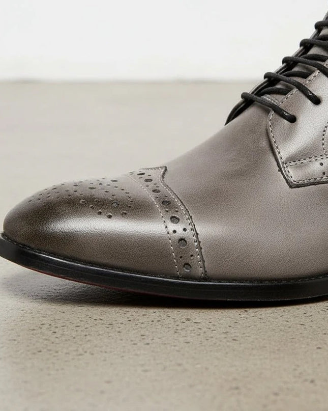 Handmade Men Gray Leather High Ankle Brogue Boots, Lace up Office Boots