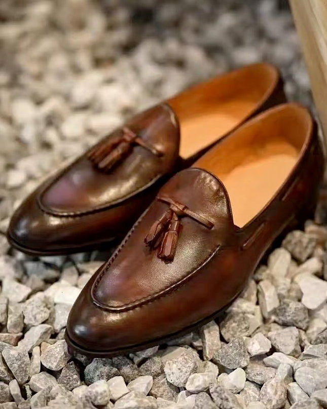 Handmade Dark Brown Tassels Loafers, Men Round Toe Slip On Moccasins Dress Wear
