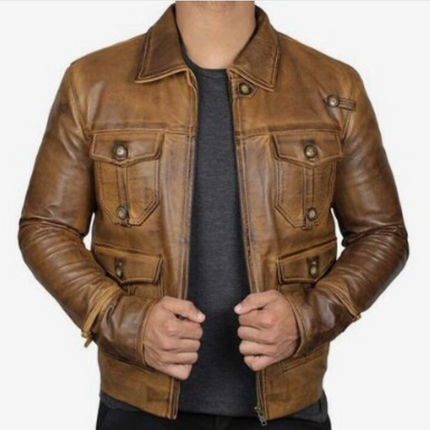 Men’s Handmade Vintage waxed Distressed Brown Leather Jacket with Multi Pockets