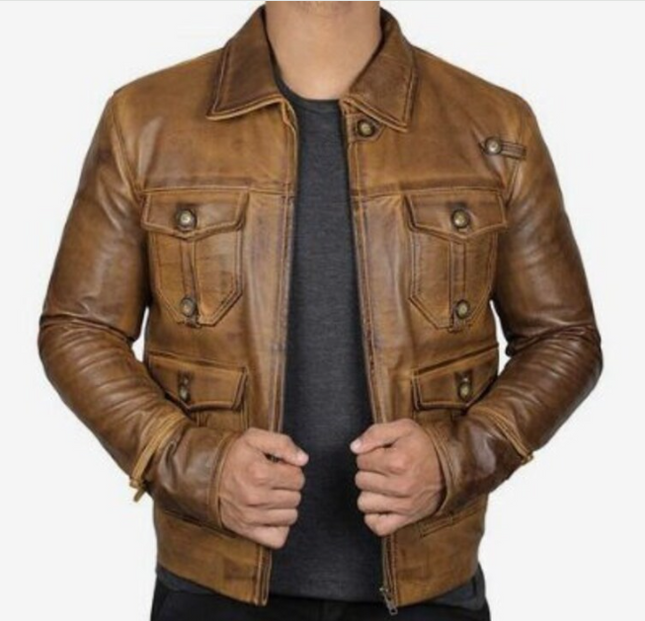 Men’s Handmade Vintage waxed Distressed Brown Leather Jacket with Multi Pockets