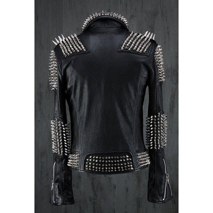 Handmade Men Black Punk Silver Long Spiked Studded Leather Jacket