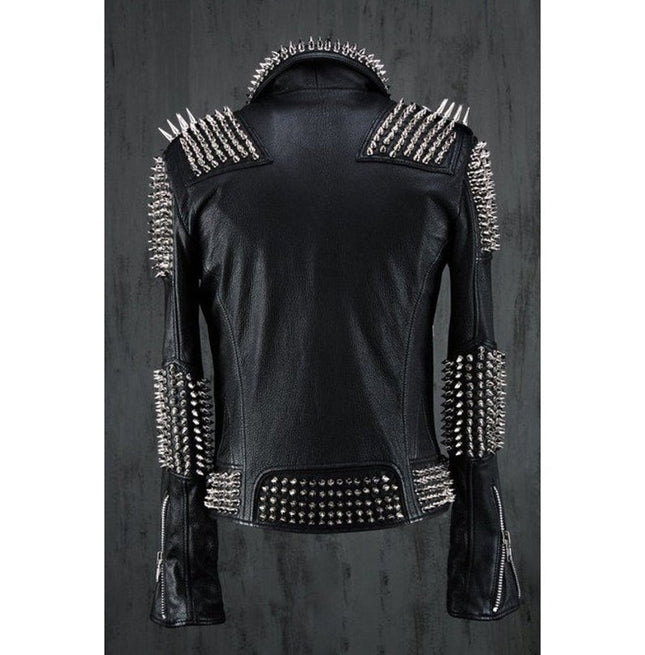 Handmade Men Black Punk Silver Long Spiked Studded Leather Jacket