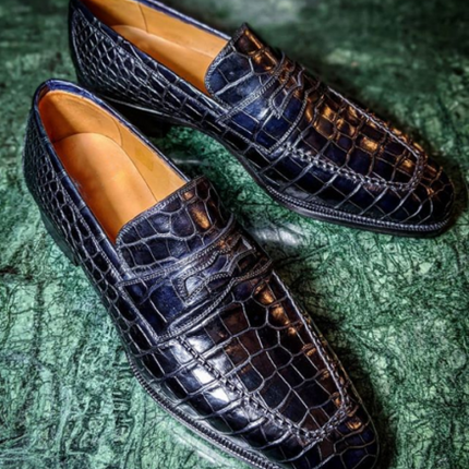 Handmade Men Black Moccasin Dress Crocodile Texture Leather Office Shoes