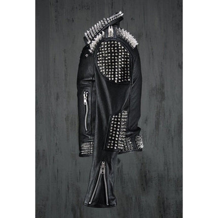 Handmade Men Black Punk Silver Long Spiked Studded Leather Jacket