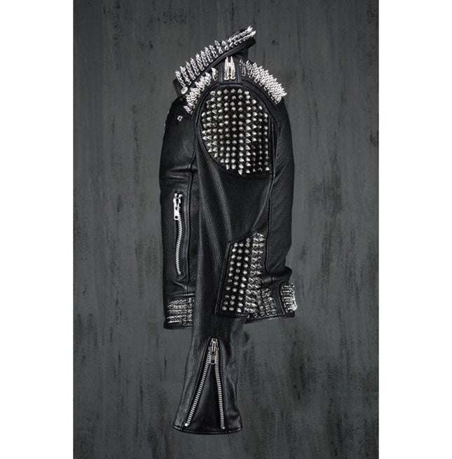 Handmade Men Black Punk Silver Long Spiked Studded Leather Jacket