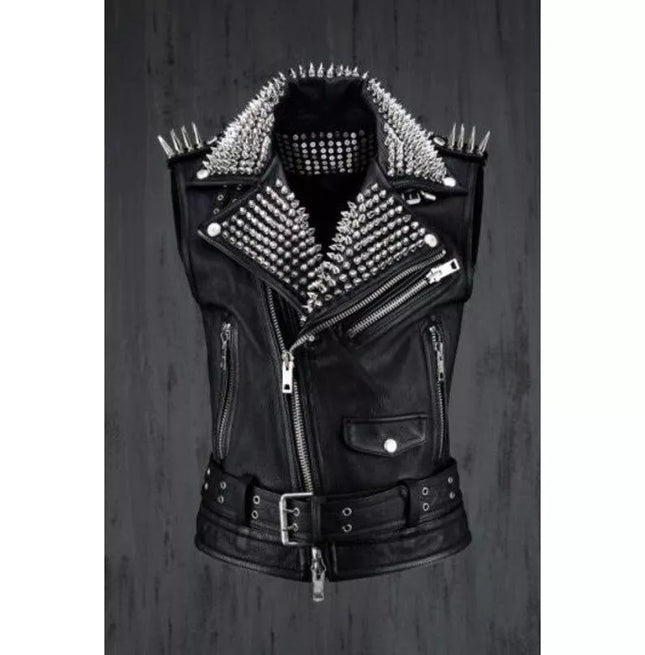 Handmade Men Rock Punk Style Belted Leather Vest, Biker Studded Jacket