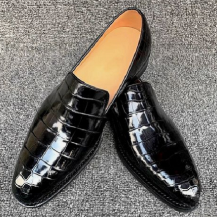 Handmade Men’s Black Round Toe Crocodile Texture Leather Moccasin Dress Shoes