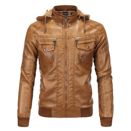 Handmade Men’s Tan Leather Hooded Motorcycle Jacket, Fashionable street wear jackets Wit Multi Pockets
