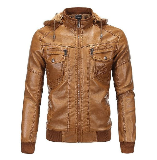 Handmade Men’s Tan Leather Hooded Motorcycle Jacket, Fashionable street wear jackets Wit Multi Pockets