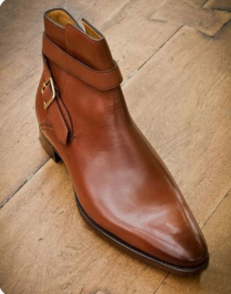 New Men’s Brown High Ankle Jodhpur Monk Strap Business Boots, Real Leather Dress Boots