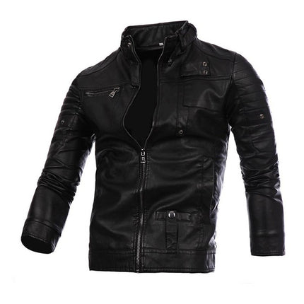 Men’s Stand Collar Slim Fitted Faux Leather Motor Jacket