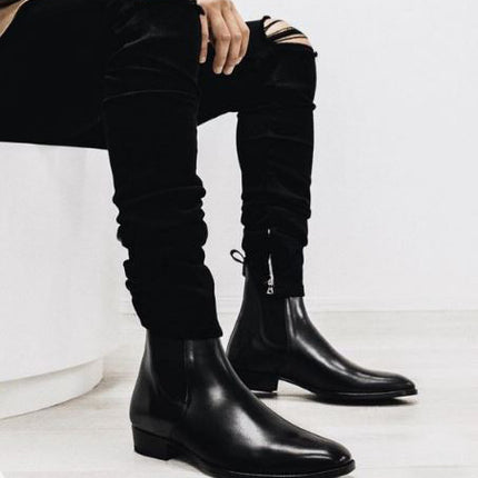 New Men’s Black High Ankle Chelsea Business Boots, Real Leather Dress Boots