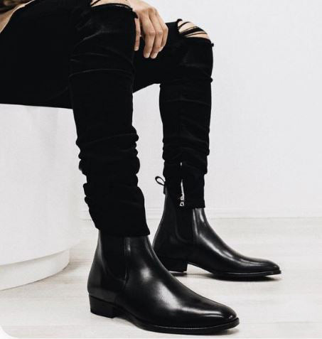 New Men’s Black High Ankle Chelsea Business Boots, Real Leather Dress Boots
