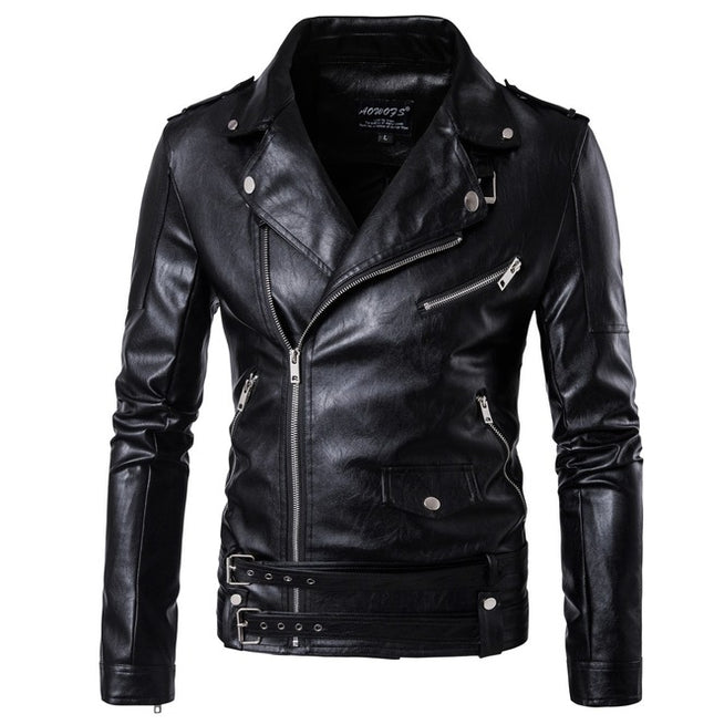 Men’s Punk Belted Design Slim Fitted Faux Leather Zipper Biker Jacket