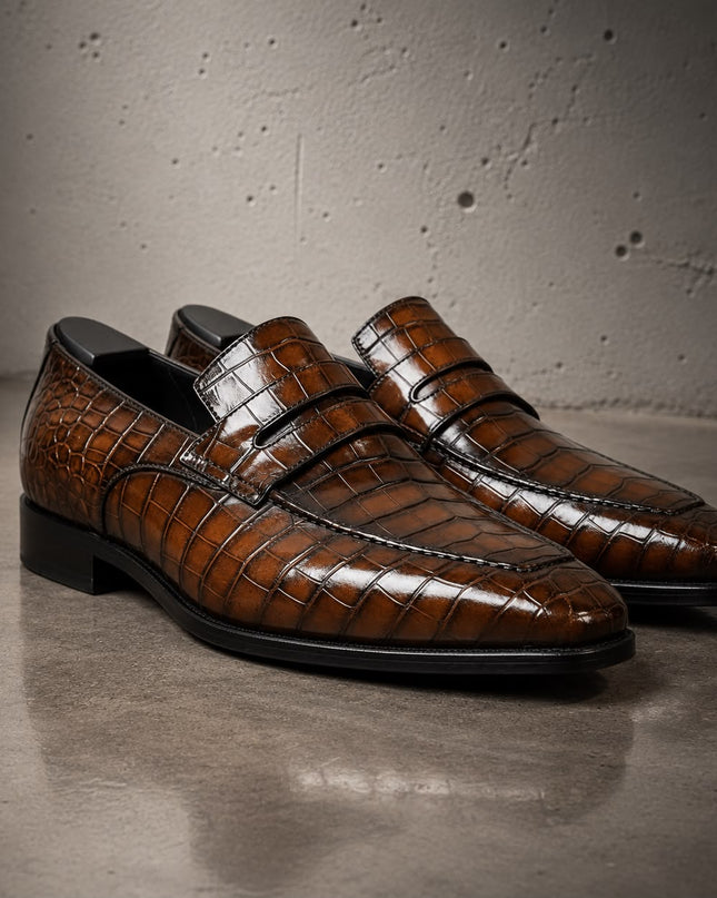 Handmade men shaded brown crocodile textured leather moccasins, Loafers for mens
