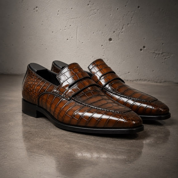 Handmade men shaded brown crocodile textured leather moccasins, Loafers for mens