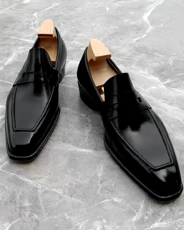 New Handmade Shiny Black Moccasins , Slip On Moccasins Dress Wear Shoes