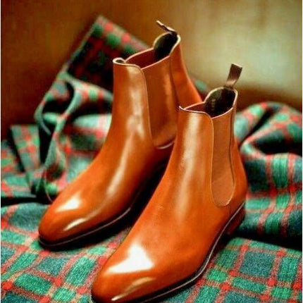 New Men’s Tan High Ankle Chelsea Business Boots, Real Leather Dress Boots