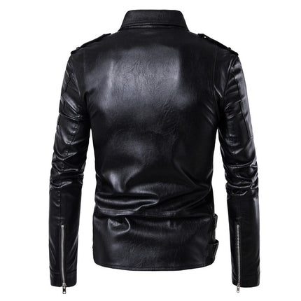Men’s Punk Belted Design Slim Fitted Faux Leather Zipper Biker Jacket