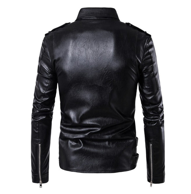 Men’s Punk Belted Design Slim Fitted Faux Leather Zipper Biker Jacket