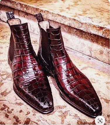 New Men’s Marron High Ankle Chelsea Business Boots, Real Leather Crocodile Texture Dress Boots