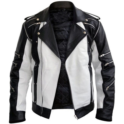 New Handmade Men’s Black and White Zipper Thriller Leather jacket with multi pockets