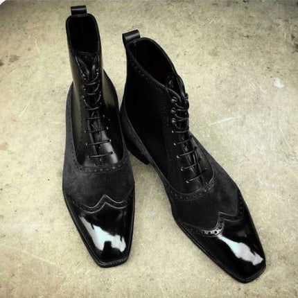 New Men’s Black High Ankle Wing Tip Brogue Lace Up Business Boots, Real Suede and Leather Dress Boots.