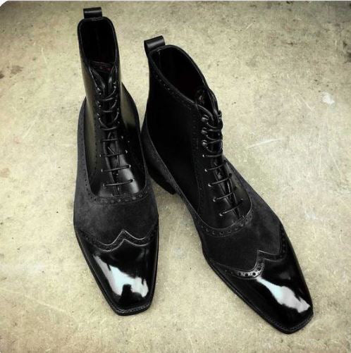 New Men’s Black High Ankle Wing Tip Brogue Lace Up Business Boots, Real Suede and Leather Dress Boots.
