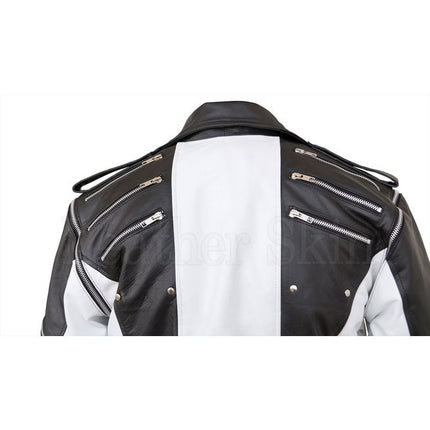 New Handmade Men’s Black and White Zipper Thriller Leather jacket with multi pockets