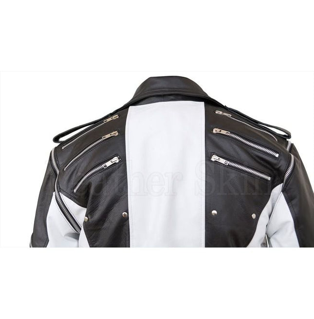 New Handmade Men’s Black and White Zipper Thriller Leather jacket with multi pockets