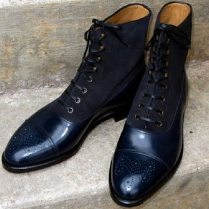 New Men’s Blue High Ankle Brogue Lace Up Business Boots, Real Suede and Leather Dress Boots.