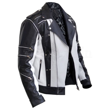 New Handmade Men’s Black and White Zipper Thriller Leather jacket with multi pockets
