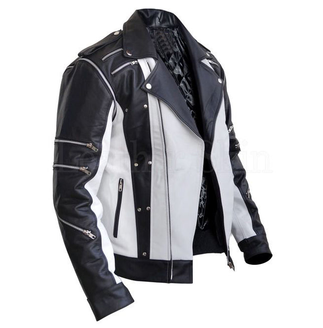 New Handmade Men’s Black and White Zipper Thriller Leather jacket with multi pockets