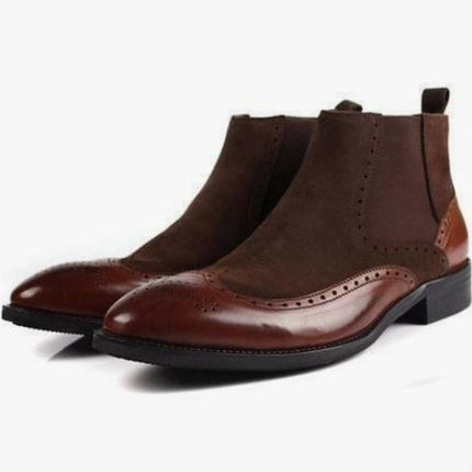 New Men’s Dark Brown High Ankle Wing Tip Brogue Chelsea Business Boots, Real Suede and Leather Dress Boots