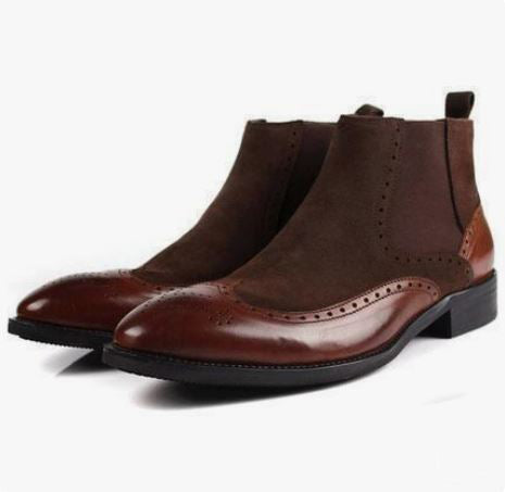 New Men’s Dark Brown High Ankle Wing Tip Brogue Chelsea Business Boots, Real Suede and Leather Dress Boots