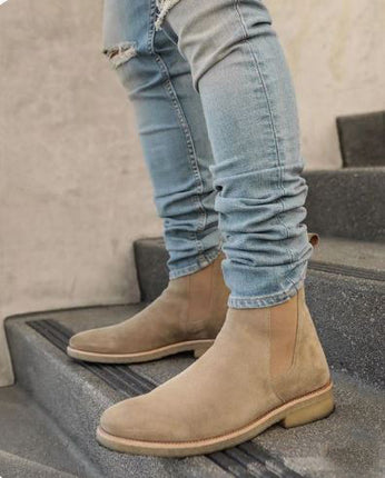 New Men’s Beige High Ankle Chelsea Business Boots, Real Suede Dress Boots