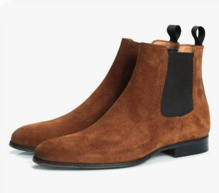 New Men’s Brown High Ankle Chelsea Business Boots, Real Suede Dress Boots