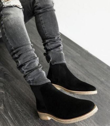 New Men’s Black High Ankle Chelsea Business Boots, Real Suede Dress Boots
