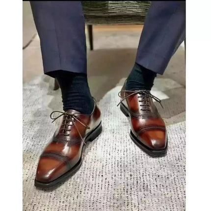Handmade Mens Brown Oxford Dress Shoes, Mens Burnish Lace up Tuxedo Shoes